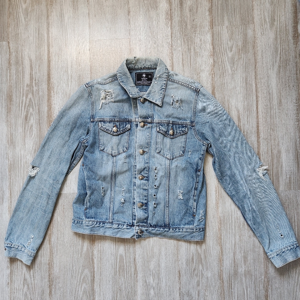 Thunder Denim Jean Jacket Blue Med Wash Distressed 100% Cotton Button Up Sz M